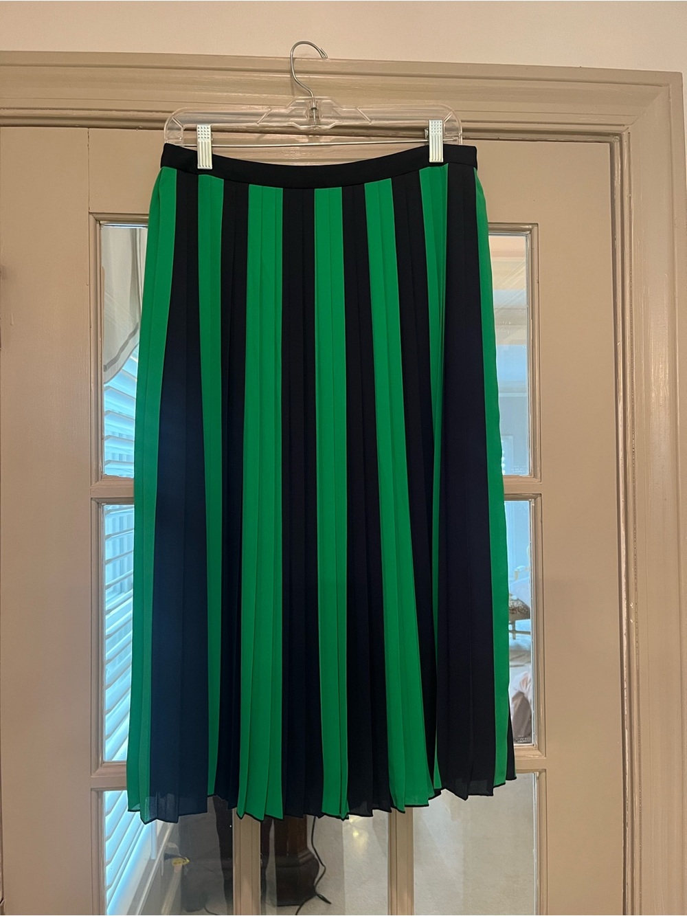 J. Crew Bold Green & Navy Blue Striped Pleated Midi Skirt